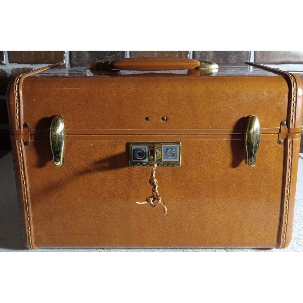 Vintage Mid-century 50-60s Samsonite Streamlite Brown Leather Train Case & Key